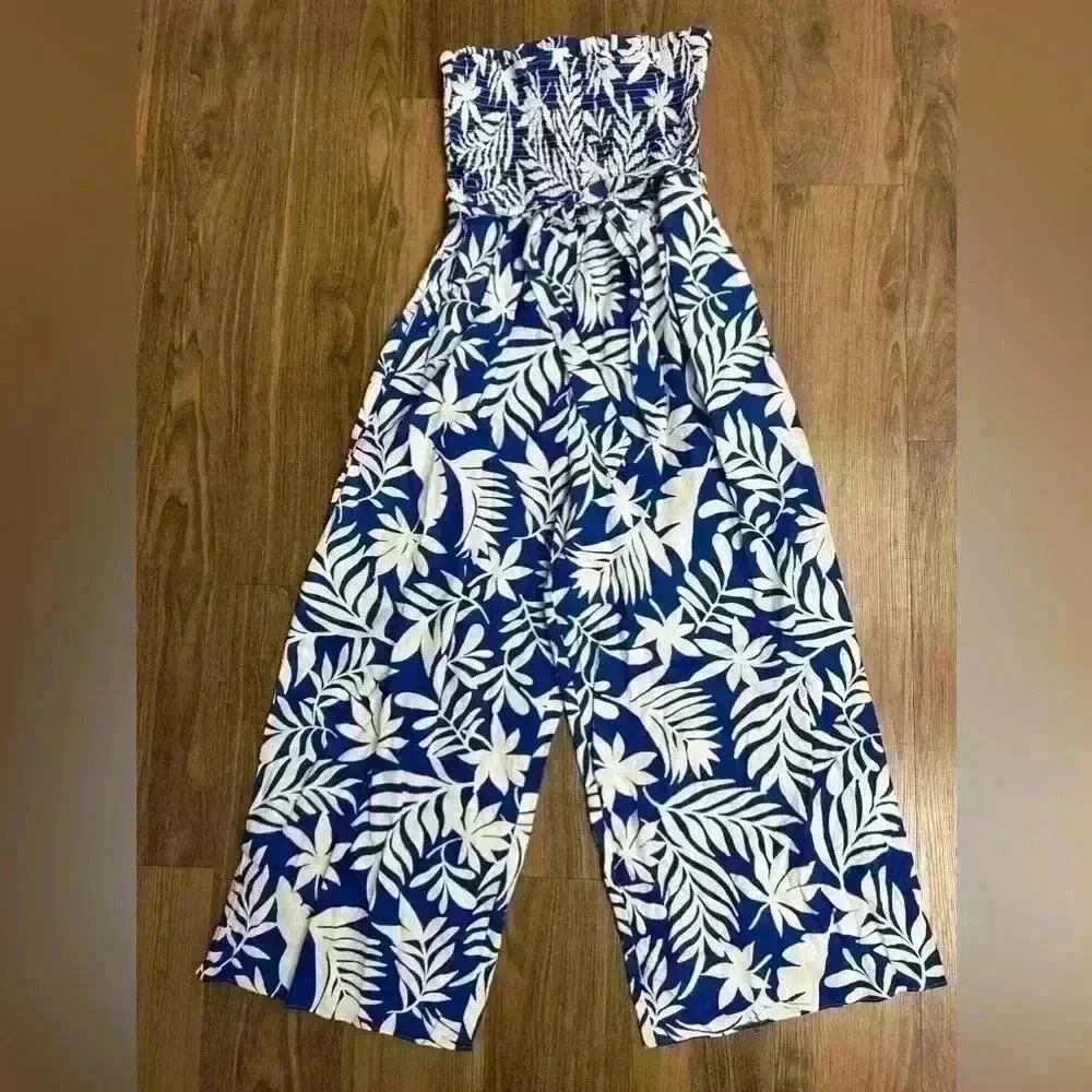 Kate Spade $298 Linen Cotton Pants Floral Jumpsuit Tropical Hawaiian Strapless M - Picture 2 of 7